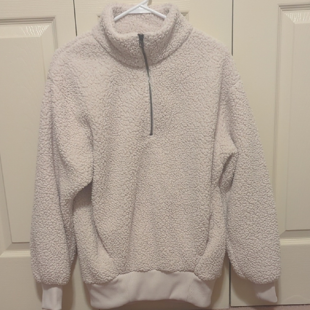 American Eagle Outfitters Cream Sherpa Quarter-Zip Pullover